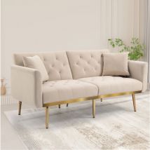 Sofá de 2 plazas 161,97x79,98x77,97cm, sillón biplaza, convertible en sofá cama, respaldo regulable con cojines, terciopelo, beige