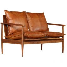 Helloshop26 - Sofá de 2 plazas para salón interior de piel auténtica con madera de acacia marrón 020019446
