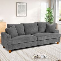 Sofá de 3 plazas de pana, moderno y grande, tapizado, recto, con asientos extra profundos de 53 cm y 2 cojines, 220 x 76 x 84 cm, gris