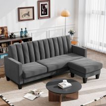 Sofá esquinero reversible de 3 plazas de terciopelo, sofá escandinavo con reposapiés extraíble para salón, 208 x 140 x 85 cm, gris