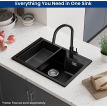 Sofetiy Max 65 X 45 Cm Granitspüle, Küchenspüle Granit Mit Abtropfkorb, Aufsatzspüle Für Die Küche, Mit Siphon Ab- Und Überlaufgarnitur, Anthrazit