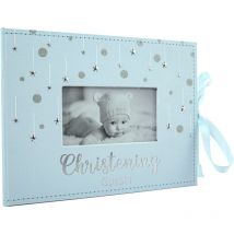 Soft Aqua Blue Suede Christening Guest Book with Shiny Silver Stars and Ribbon by Happy Homewares - Blue