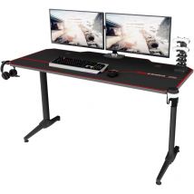 Soges - Gaming Schreibtisch 140 x 60 cm,Computertisch in T-Form,Büro,PC,Computer,robuster Tisch mit Mauspad,Getränkehalter und Kopfhörerhaken,schwarz