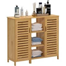 Soges Bambus-badezimmerschrank, Beistellschrank Mit 4 Einlegeböden Und 2 Lamellentüren, Aufbewahrungsschrank Für Bad, Wohnzimmer, Küche, 100 X 33 X 87