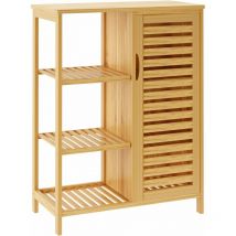 Soges - Meuble de Rangement en Bambou, Armoire de Salle de Bain avec 3 Étagères et 1 Portes à Persiennes, pour Salle à Manger, Salon, Cuisine, 66 x