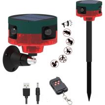 Solar Outdoor Motion Sensor Alarm-Dog Barking&Gunshot Sound,130db Loud Noise Maker,Support Recording,13 Kinds of Sound Strobe Light with USB,Say