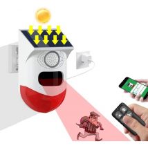 Solar Strobe Alarm Siren Outdoor Alarm Siren with Remote Control and Motion Sensor 120 db Sound Security Siren IP67 Waterproof and 4 Modes for Home