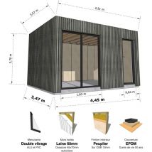 Abri Français - studio de jardin • 15,7 m2 - 4,45 x 3,52m • Bardage Gris • Intérieur Peuplier