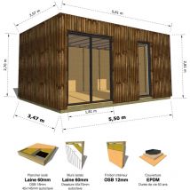 Abri Français - studio de jardin • 19,5 m2 - 5,55 x 3,52m • Plancher isolé • Bardage Brun • Intérieur osb