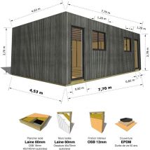 Abri Français - studio de jardin • 35,8 m2 - 7,75 x 4,62m • Plancher isolé • Bardage Gris • Intérieur osb