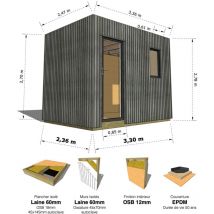 Abri Français - studio de jardin • 8,1 m2 - 3,35 x 2,42m • Plancher isolé • Bardage Gris • Intérieur osb