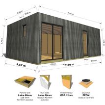 Abri Français - studio de jardin • 35,8 m2 - 7,75 x 4,62m • Plancher isolé • Bardage Gris • Intérieur osb