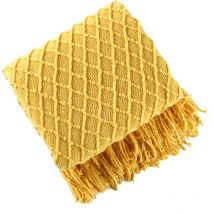 Couverture décorative tricotée pour canapé, chaise, lit, douce, chaude, confortable, légère pour le printemps et l'été (127X172 cm jaune moutarde)