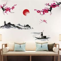 Sollbry - hojas de pegatinas de pared con diseño de paisaje de tinta salpicada de estilo japonés, calcomanías de pared de flor de cerezo roja,