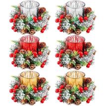 Lot De 6 Bougeoirs De Noël avec Couronnes, Bougeoir en Verre, Porte-Bougies De Noël, Couronnes De Bougies De Noël, Anneaux De Bougie De Noël avec