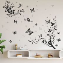 Stickers Muraux Branche Arbre Noir Autocollant Mural Papillon et Fleurs Deco Stickers Salle de Bain Salon Chambre Enfants Bébé Décoration - Sollbry