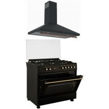 Combo pack cocina gas F9L50G2RB con horno panoramico negra rústico + campana a decorativa H90PR - Solthermic