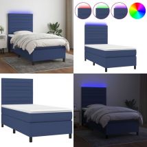 Sommier à lattes de lit avec matelas et led Bleu 90x200cm Tissu - Sommier Tapissier - Lit Bleu - Matelas Ressort Ensaché - led - Chambre à Coucher