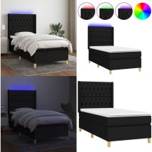 Sommier à lattes de lit matelas et LED Noir 90x200 cm Tissu - Sommier Tapissier - Lit Avec Led - Matelas À Ressorts Ensachés - Tête De Lit Ajustable