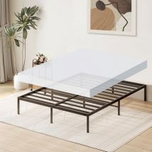 Sommier et matelas 140x190, Cadre de lit en métal, Matelas Mousse avec Couette et Oreillers, Épaisseur 15cm, Lit adulte sans Tête de lit, Noir