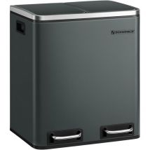 Poubelle Cuisine, 2 x 15L, Poubelle Tri, avec Pédale, 2 Compartiments, Seaux Intérieurs, Couvercles en Douceur, pour Petites Familles, En Acier, Gris