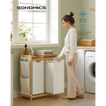 Cesto para Ropa Sucia, 2 Compartimentos, Bambú, Cesta Ropa Sucia 100 l, con Estante, Bolsa, Bolsillos Laterales, Estante para Ropa Sucia, 2 x 50 l,