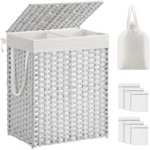 Cesto Portabiancheria con Coperchio, Cesta per Bucato 90L, 2 Scomparti, Sacco Estraibile con Manici, Intrecciato a Mano, in Camera da Letto, Bagno,