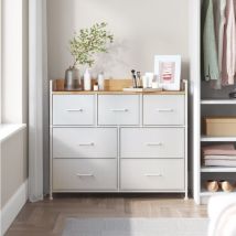 Songmics - Commode avec 7 Tiroirs en Tissu avec Poignées, Cadre en Métal, 98 x 28,5 x 85 cm, Style Moderne, Blanc et Couleur Boisée