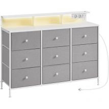Songmics - Commode avec 9 Tiroirs et Éclairage led, Multiprise, Cadre en Acier, 33,5 x 114 x 84 cm, pour Chambre, Salon, Gris Tourterelle