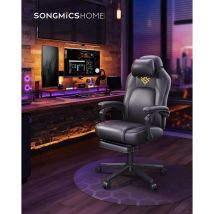 Songmics Home - Silla de Juegos, Silla Racing Ergonómica para Ordenador con Reposapiés, con Reposacabezas, Cuero Sintético, Altura Ajustable, Negro