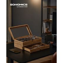 Porta Orologi a 12 Scomparti, Scatola Portaorologi a 2 Livelli, Coperchio in Vetro, con Cuscinetti, Fodera in Velluto, Idea Regalo, Noce Rustico