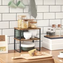 Scaffale Portaspezie, Set di 2 Organizzatori da Cucina Espandibili, Scaffale da Cucina Impilabile, Metallo e Legno Ingegnerizzato, Nero e Marrone