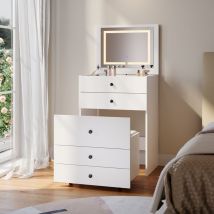 Sonni - 3 in 1 Schublade Schminktisch mit LED-Beleuchtung und klappbarem Spiegel, Multifunktionale Kommode mit Schubladen und verstecktem Stuhl, 3
