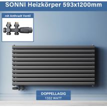 SONNI Horizontalheizkörper Mit Thermostatventil Anthrazit 1200x600mm Doppelheizung, Seitlicher Anschluss