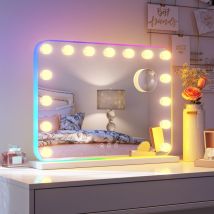 SONNI Hollywood Spiegel mit Beleuchtung, 15 Dimmer Leuchten 3 Lichtmodus Schminkspiegel mit Beleuchtung, RGB-Lichter und Lupen 58×45cm