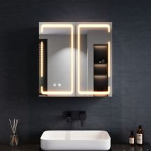 59 x 14 x 60 cm LED-Spiegelschrank mit Beleuchtung, 3 Lichtfarben, verstellbar und beschlagfrei, 2-türiger Bad-Hängeschränke mit kabellosem