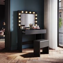 SONNI Schminktisch mit Spiegel und 12 LED-Glühbirnen, drei Lichtmodis wechseln, Schminkkommode, Frisiertisch mit 1 Schublade und Hocker, Schwarz