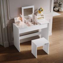 Tocador con Espejo Mesa de Maquillaje y Taburete Plegable Cajón Oculto Tocador Moderno - Blanco 100x45x76cm - Sonni