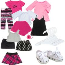 Teamson Kids - Sophia's par Ensemble de vêtements de printemps de 12 pièces avec 10 cintres en plastique pour des poupées de 18 pouces, rose / noir