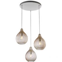 Belight - Sospensione in ferro laccato bianco e montatura cromo con cavi elettrici regolabili e diffusori in vetro soffiato ambra con decoro effetto