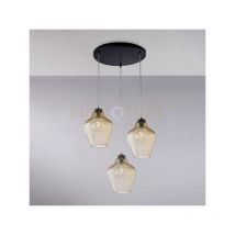 Sospensione in ferro laccato nero con cavi elettrici regolabili e diffusori in vetro soffiato ambra con decoro in rilievo 3 luci