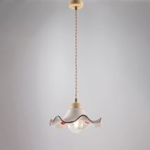 Belight - Sospensione in ferro laccato avorio e decorazione effetto decapè con diffusore in ceramica diametro 30 bianco e marrone con cavo elettrico