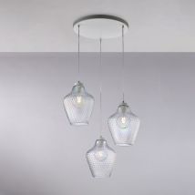 Belight - Sospensione in ferro laccato bianco con cavi elettrici regolabili e diffusori in vetro soffiato trasparente con decoro in rilievo 3 luci