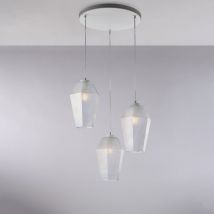 Belight - Sospensione in ferro laccato bianco con cavi elettrici regolabili e diffusori in vetro soffiato trasparente con decoro in rilievo 3 luci
