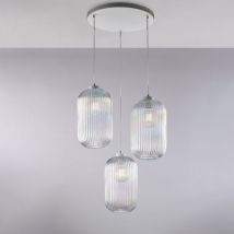 Belight - Sospensione in ferro laccato bianco con cavi elettrici regolabili e diffusori in vetro soffiato trasparente con decoro rigatura in rilievo