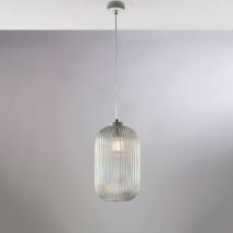 Belight - Sospensione in ferro laccato bianco con cavo elettrico regolabile e diffusore in vetro soffiato trasparente con decoro rigatura in rilievo
