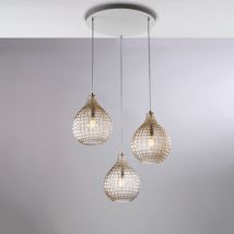Belight - Sospensione in ferro laccato bianco e montatura cromo con cavi elettrici regolabili e diffusori in vetro soffiato ambra con decoro effetto
