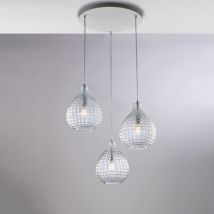Belight - Sospensione in ferro laccato bianco e montatura cromo con cavi elettrici regolabili e diffusori in vetro soffiato trasparente con decoro