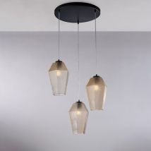 Sospensione in ferro laccato nero con cavi elettrici regolabili e diffusori in vetro soffiato ambra con decoro in rilievo 3 luci H.35 - max 135 - Ø47