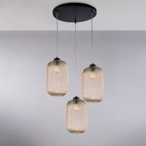 Belight - Sospensione in ferro laccato nero con cavi elettrici regolabili e diffusori in vetro soffiato ambra con decoro rigatura in rilievo 3 luci